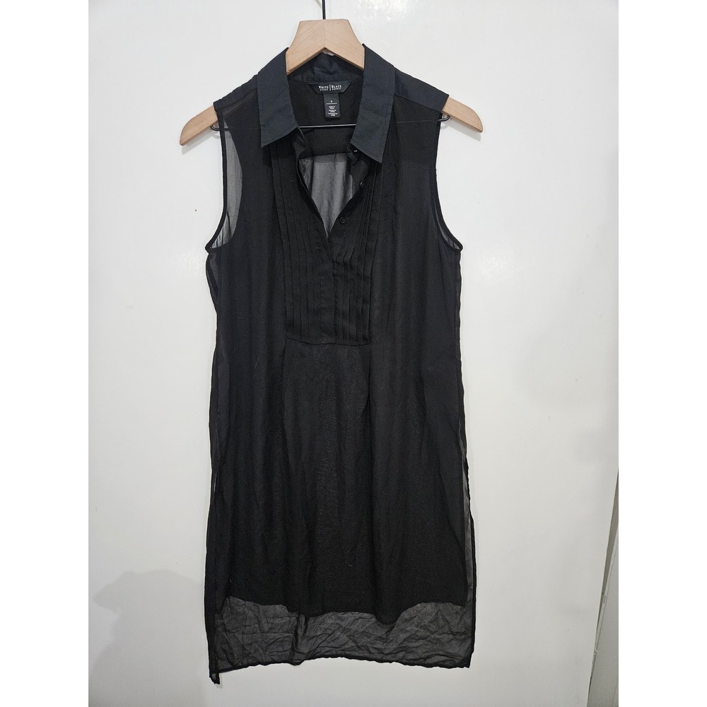 White House Black Market Black Sleeveless Sheer Pleated Bib Tunic Top Small